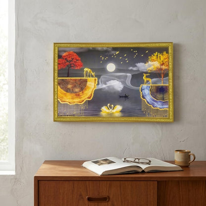 Abstract art Framed Golden Foil 3D Style Landscape Painting with 2 Deer Standing on Edge | Ready to Hnag - (14 x 20 inch, Multicolor)
