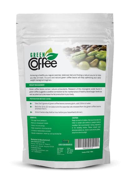 Green coffee package with text and a barcode on a white background
