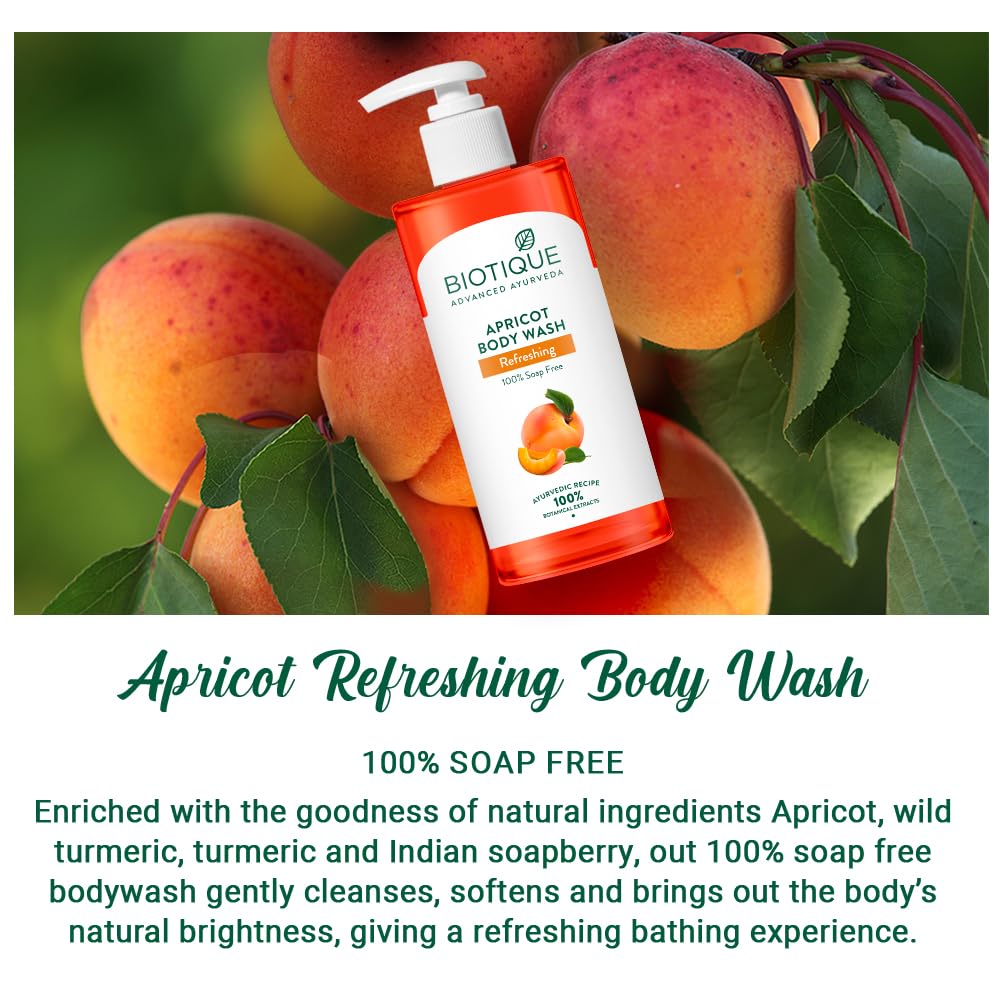 Biotique Apricot Refreshing Body Wash with apricots on a branch