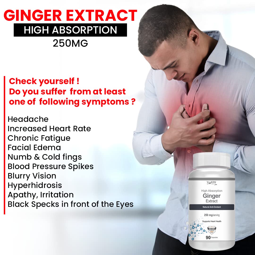 Advertisement for ginger extract supplement with a man holding his chest, symptoms listed, and product packaging.
