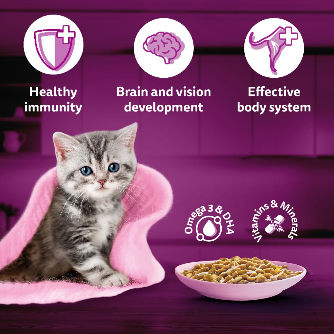 Whiskas Tasty Mix Kitten (2-12 Months) Wet Cat Food, Chicken, Tuna with Sweet Potato in Gravy, 70 g, 100% Complete & Balanced Nutrition for Kittens