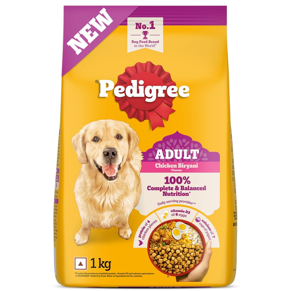 Pedigree Adult Dry Dog Food, New Chicken Biryani Flavour, 1 kg, Protein of 4 Chicken Pieces, Vitamin D3 of 6 Eggs, Calcium of 7 Cups of Yogurt, 100% Complete and Balanced Nutrition
