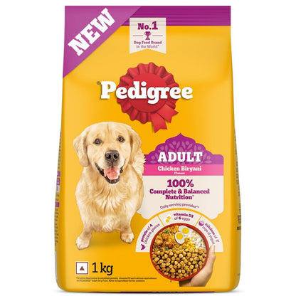 Pedigree Adult Dry Dog Food, New Chicken Biryani Flavour, 1 kg, Protein of 4 Chicken Pieces, Vitamin D3 of 6 Eggs, Calcium of 7 Cups of Yogurt, 100% Complete and Balanced Nutrition