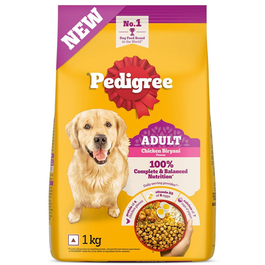 Pedigree Adult Dry Dog Food, New Chicken Biryani Flavour, 1 kg, Protein of 4 Chicken Pieces, Vitamin D3 of 6 Eggs, Calcium of 7 Cups of Yogurt, 100% Complete and Balanced Nutrition