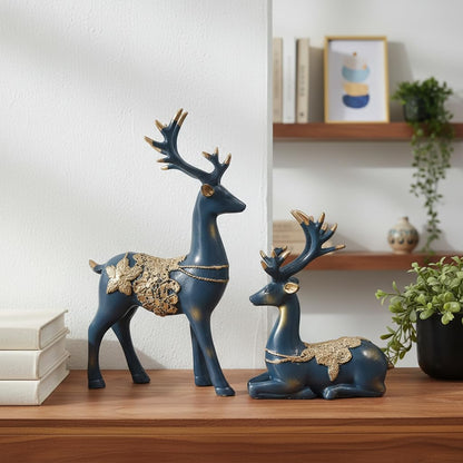eCraftIndia Resin Reindeer Showpiece for Home Decor Living Room (Pack of 2 Golden Blue) | Vastu Feng Shui Items for Good Luck Gift for Housewarming Birthday