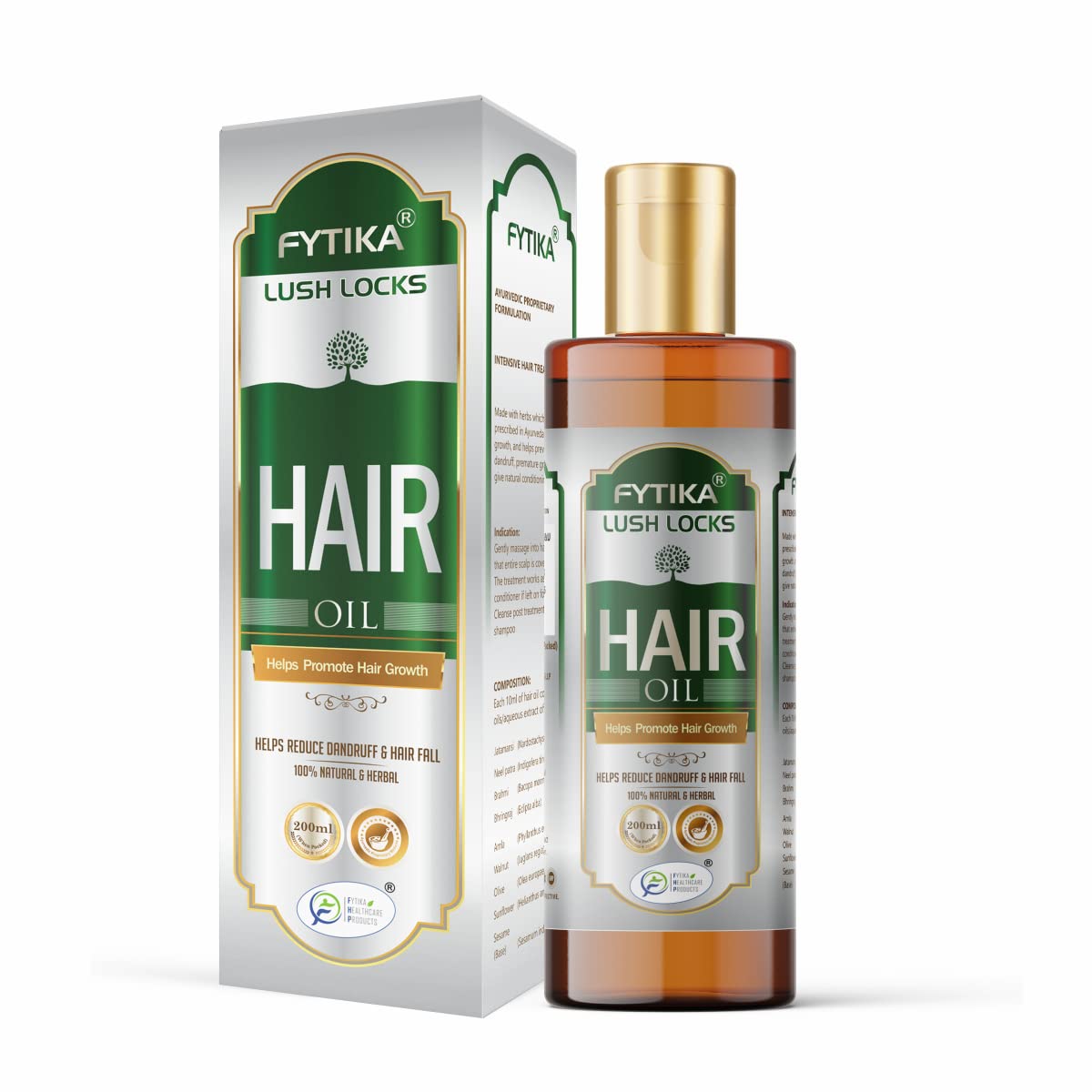 Fytika Lush Locks hair oil bottle and packaging on a white background