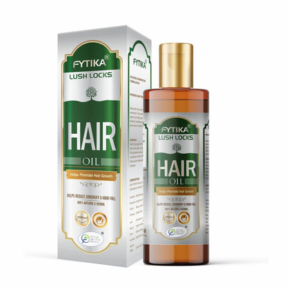 Fytika Lush Locks hair oil bottle and packaging on a white background