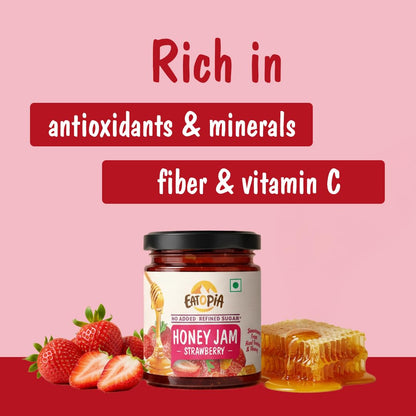 Eatopia Sugar Free Strawberry Honey Jam | 100% Pure & Natural | Healthy Jam for Kids & Adults | No Added Flavours & Preservatives | 70% Real Strawberries | Sweetness from Real Fruits & Honey | Pack of 1 | 240g