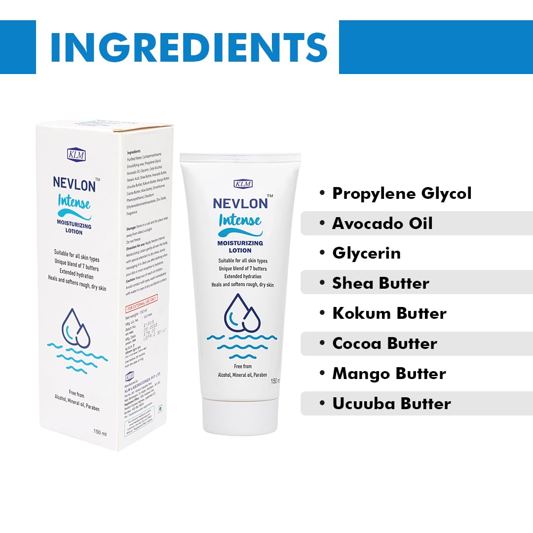 KLM Nevlon Intense Moisturizing Lotion, 150ml | Unique Blend of 7 Butters, Extended Hydration | Suitable for All Skin Types
