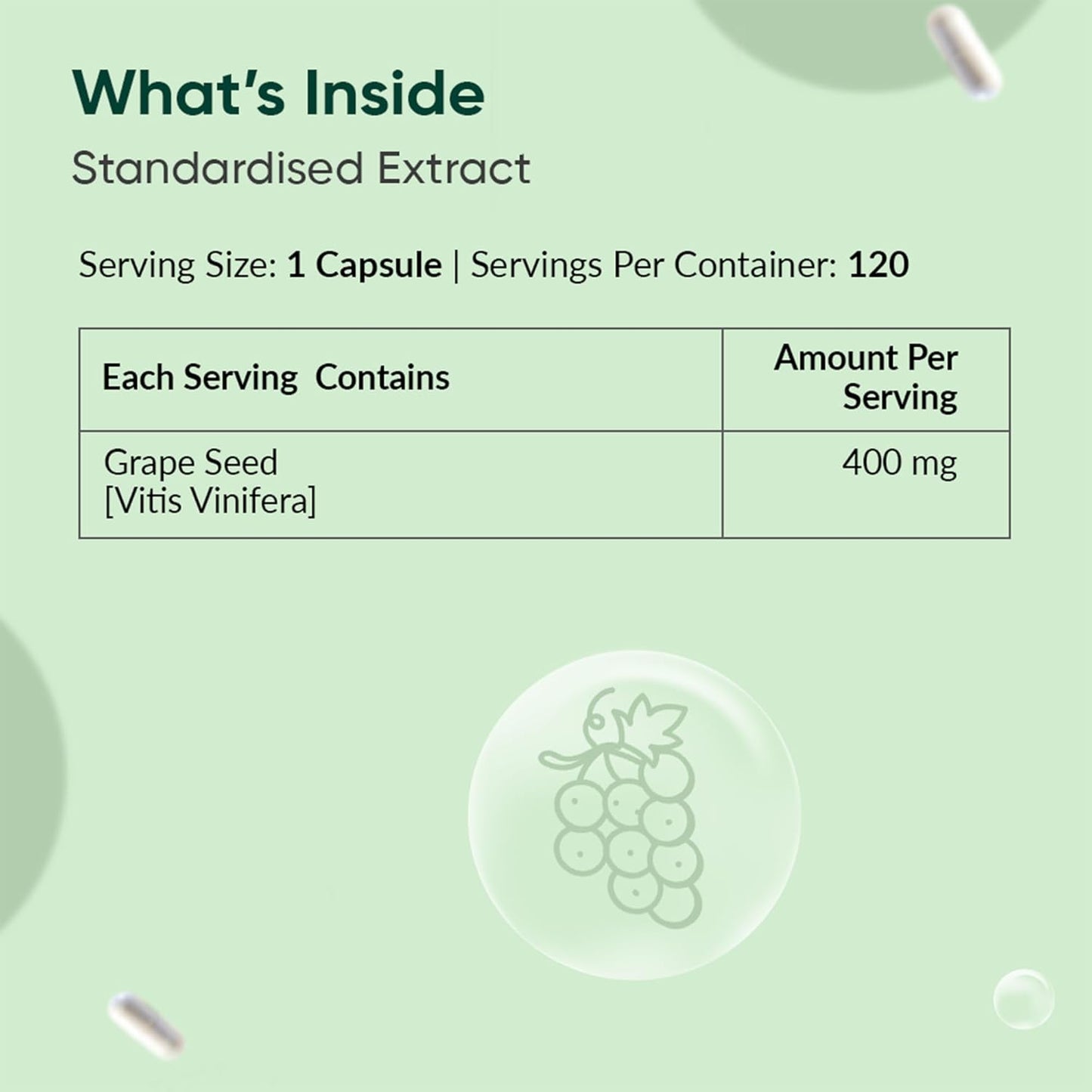 Nutritional information label for a standardized extract of grape seed on a green background
