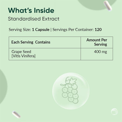 Nutritional information label for a standardized extract of grape seed on a green background