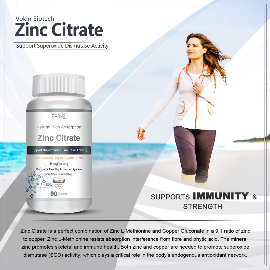 Vakin Biotech Zinc Citrate supplement bottle with a woman exercising on a beach background