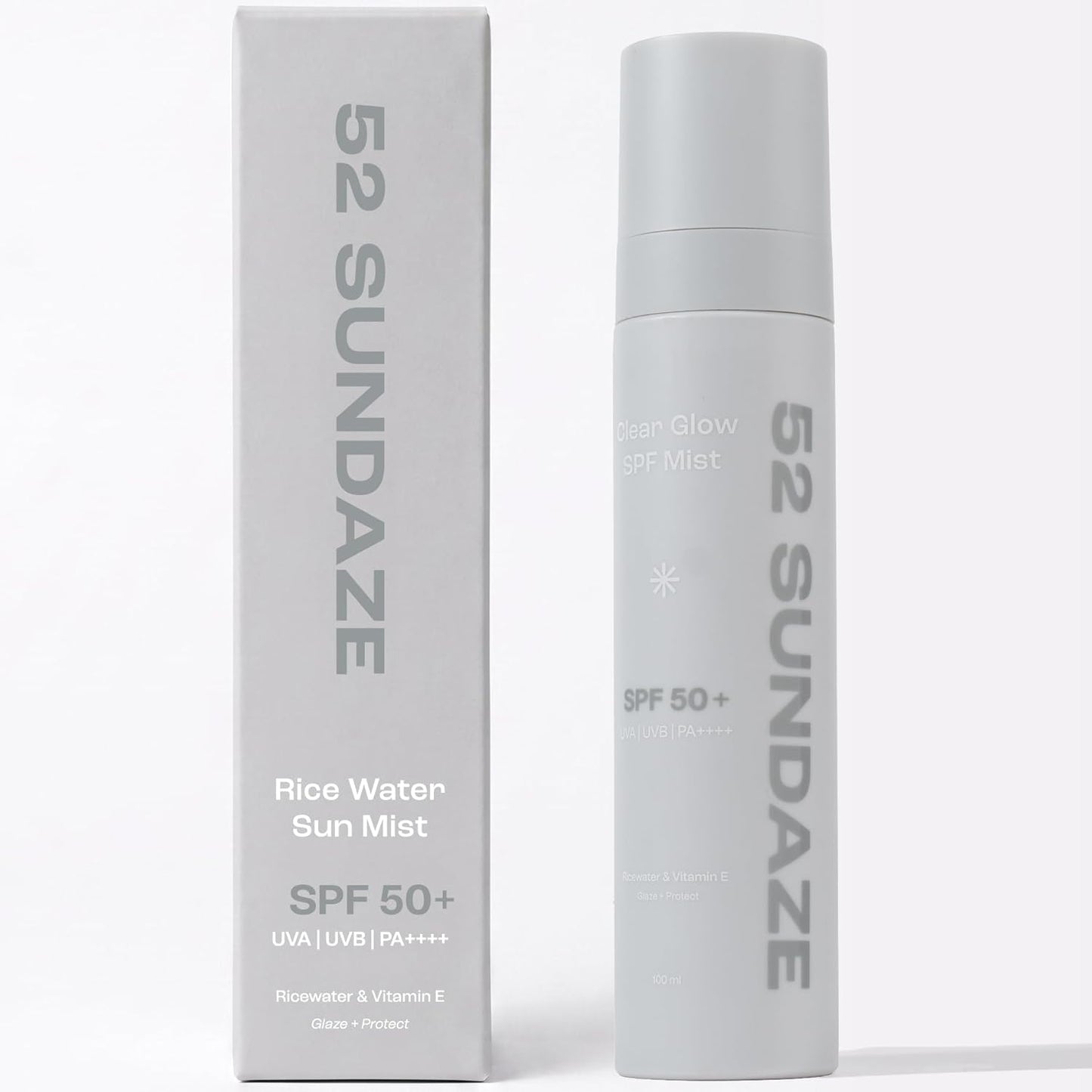 52 Sundaze Rice Water Sunscreen Mist SPF 50 PA++++ | Broad Spectrum UVA/UVB Protection | Alcohol-Free | Invisible, No White Cast | Lightweight, Reapply Over Makeup | For Oily, Combination, Acne-Prone & Sensitive Skin | 100 ml