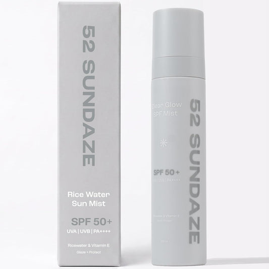 52 Sundaze Rice Water Sunscreen Mist SPF 50 PA++++ | Broad Spectrum UVA/UVB Protection | Alcohol-Free | Invisible, No White Cast | Lightweight, Reapply Over Makeup | For Oily, Combination, Acne-Prone & Sensitive Skin | 100 ml