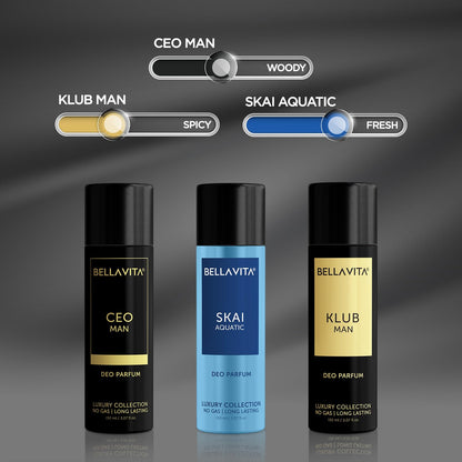 Three Bellavita deodorant bottles with different scents on a dark background