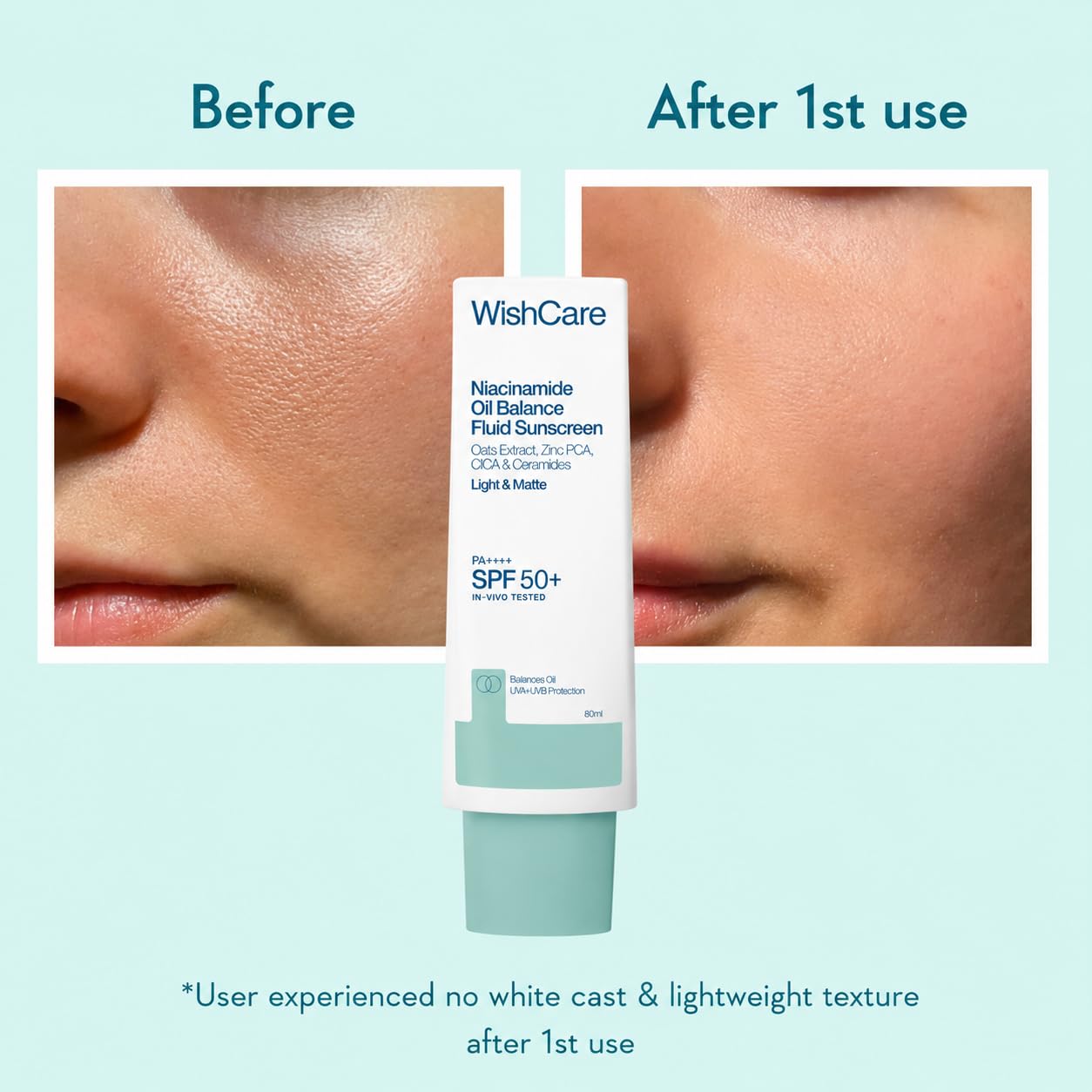 WishCare Niacinamide Oil Balance Fluid Sunscreen SPF 50 PA++++, 80ml | In-Vivo Tested, Lightweight & No White Cast, Photostable Sunscreen For Oily Skin with 8Hrs+ SPF Protection, For Women & Men