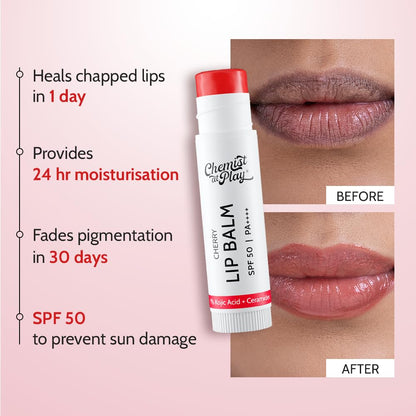 Lip balm with text highlighting its benefits on a pink background