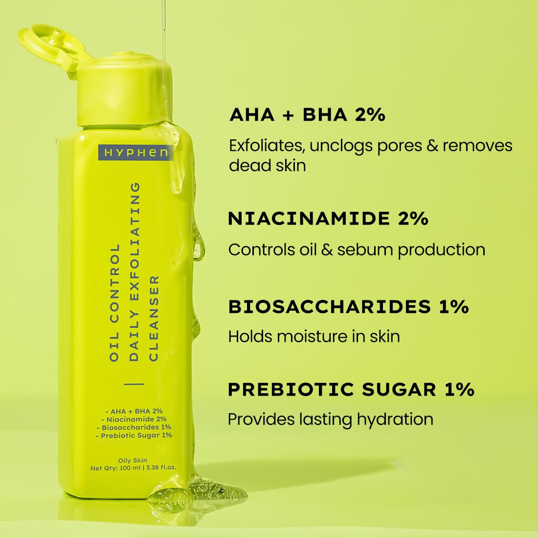 Yellow bottle of HYPHEN cleanser with ingredient information on a green background