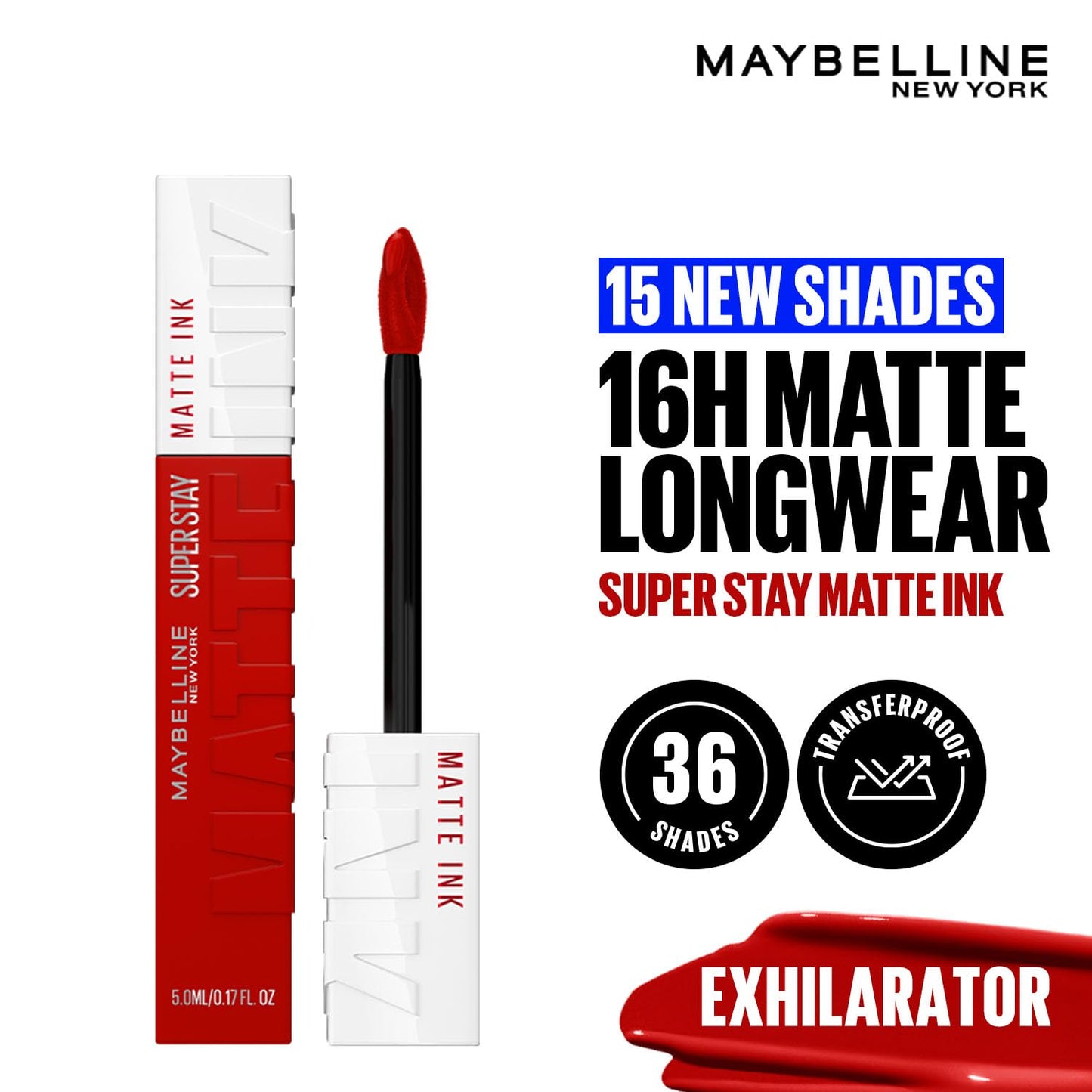 Maybelline New York Superstay Matte Ink Liquid Lipstick, Exhilarator | No budge bold color for 16H | Transferproof, Waterproof, Foodproof | Brown skin friendly