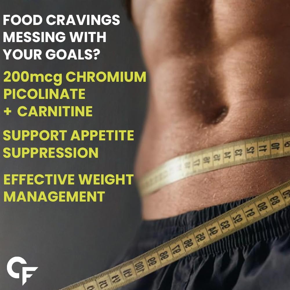 Advertisement for chromium picolinate and carnitine with a person measuring waistline on a dark background