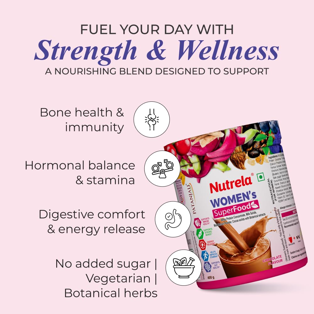 Nutrela Women Superfoods Protein Powder - 400g, Chocolate | Everyday Fitness with Biofermented Multivitamins & Whey Protein to support in Bone & Joints Health , Muscle , Heart , Hair & Nails , Vitality and Mood Stabilizer