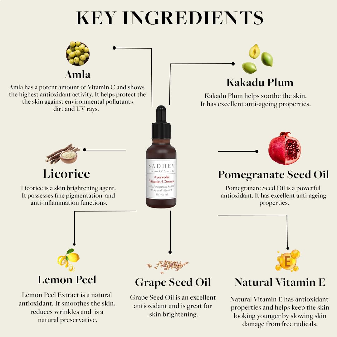 Sadhev Ayurvedic Vitamin C Face Serum For Glowing and Clear Skin With Pomegranate Seed Oil And Natural Vitamin E - 30ml (Pack of 1)