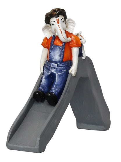 Handcrafted Polyresin Lord Ganesha Idol Enjoying Slide with Mushak Decorative Showpiece - Perfect for Home Decor and Children's Gift - Ideal for Festive Occasions, Car Dashboard, Office