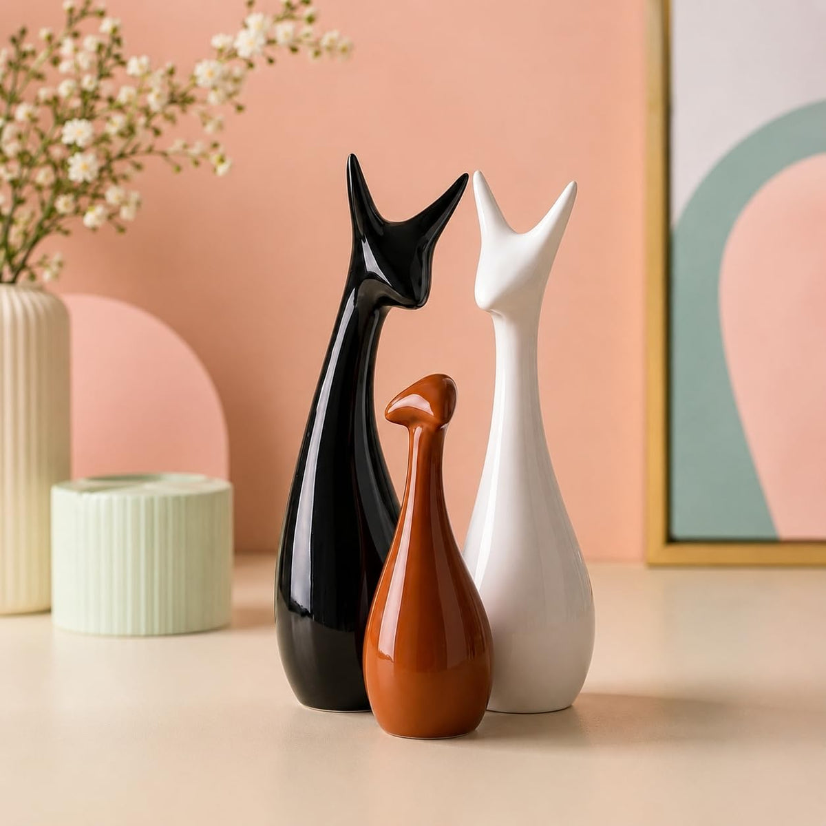 Home Decor Lucky Deer Statue Family Ceramic Figures - (Set of 3, Black,Brown,White)