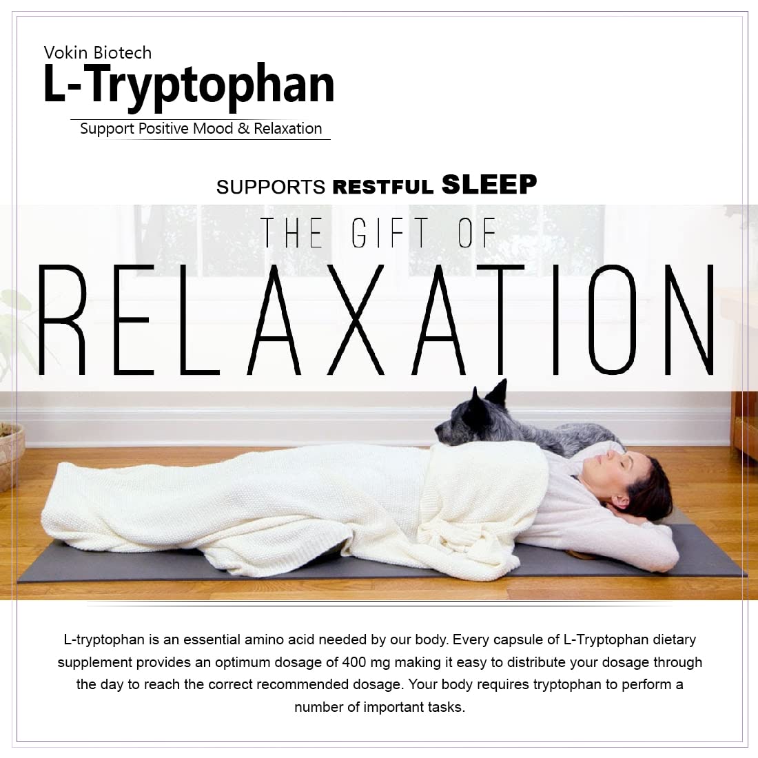 Person lying on a yoga mat with a dog, promoting L-Tryptophan for sleep and relaxation.