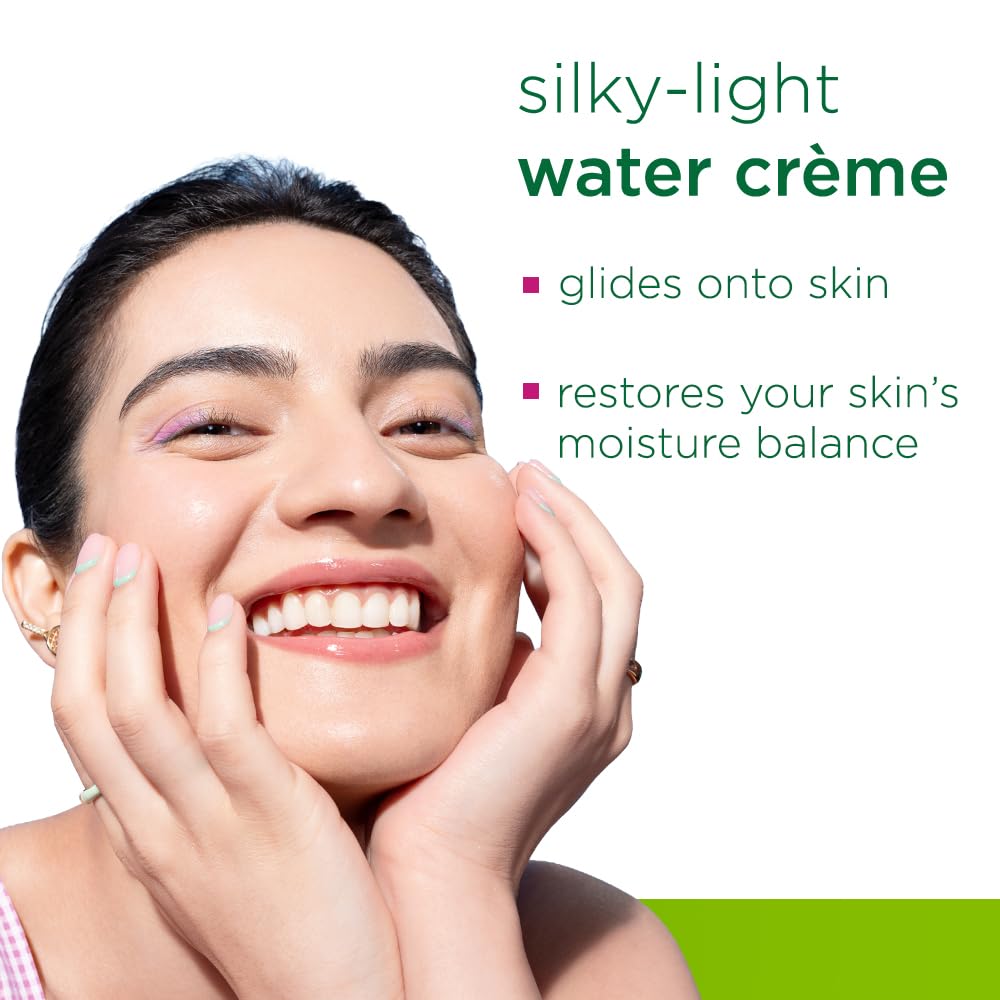 Woman applying cream to her face with text about 'silky-light water crème' on a green background