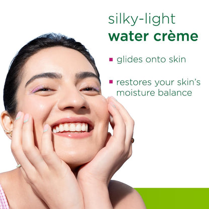 Woman applying cream to her face with text about 'silky-light water crème' on a green background