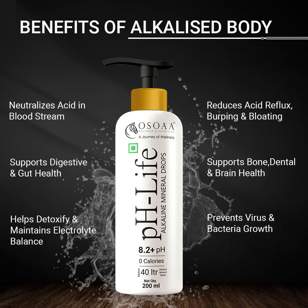 OSOAA pH-Life Alkaline Mineral Drops bottle with benefits listed on a dark background