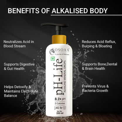 OSOAA pH-Life Alkaline Mineral Drops bottle with benefits listed on a dark background