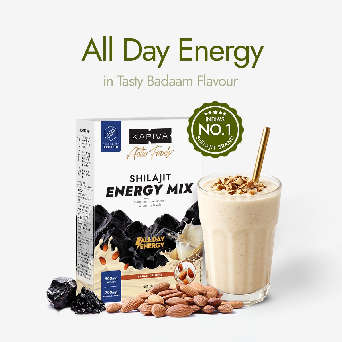 Kapiva Shilajit Energy Mix | Badam Flavour | Energy Drink for Men | Natural Nutritional Supplement |60% + Fulvic Acid, 80+ Minerals | Pure Himalayan Shilajit, Ashwagandha, 5g Protein | Improves Daily Energy, Stamina and Focus| 400g