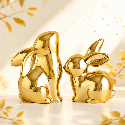 Street27 Ceramic Rabbit Figurines Set of 2, Gold Decorative Bunny Statues for Home Decor, Small Modern Animal Showpieces for Living Room, Bedroom, Office Desk, Shelf Decoration, Glossy Finish