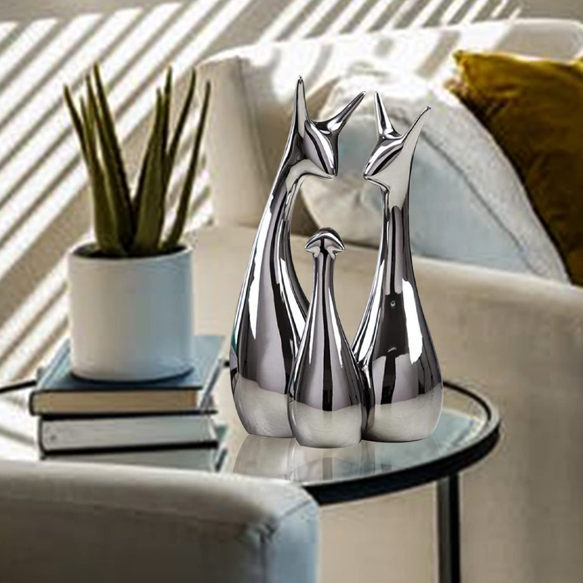 Home Decor Lucky Silver Deer Statue Family Ceramic Figures - (Set of 3, Silver Set)