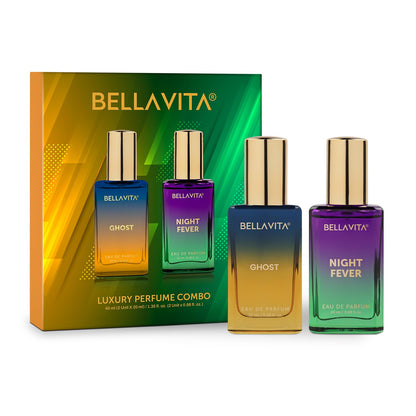 BELLAVITA luxury perfume combo with four bottles in front of a green box.