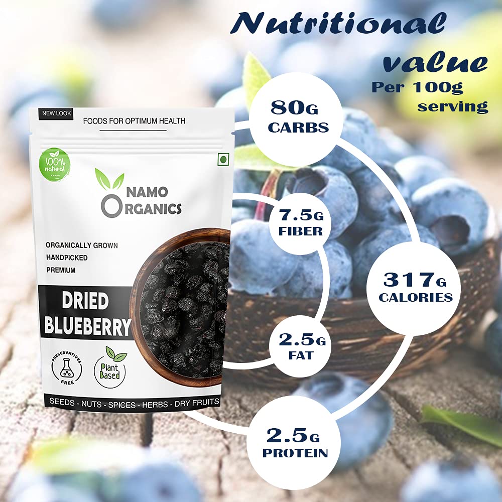 Namo Organics - Original No Refined Sugar Blueberry (Seedless) - 250 Gm - (Gluten Free, Fresh & NON GMO) Blueberries Dry Fruits blue berry | USA