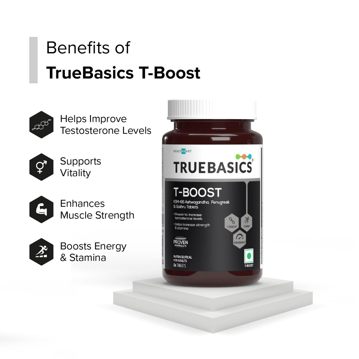 TrueBasics T-Boost supplement bottle with benefits listed on a white background