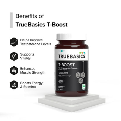 TrueBasics T-Boost supplement bottle with benefits listed on a white background