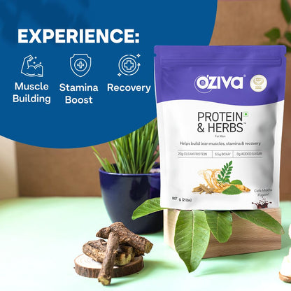 OZiva Protein & Herbs for Men (Cafe Mocha) I Muscle Building, Stamina & Recovery | Clean Protein, Shatavari, Green Tea I No Added Sugar, 2lbs (907 gm)