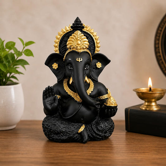 JOY LAND Lord Ganesha Car Dashboard Idol | White & Gold Ganesh Murti for Car Dashboard, Home & Office Decor (Black)