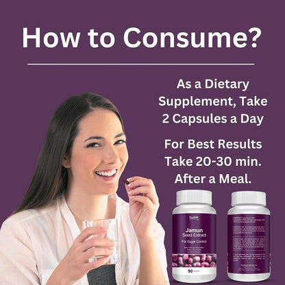 Woman holding a glass of water with Juna Seed Extract supplement bottles on a purple background