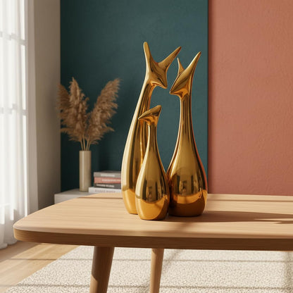 Home Decor Lucky Deer Statue Family Piano Finish Ceramic Figures - (Set of 3, Golden Set)