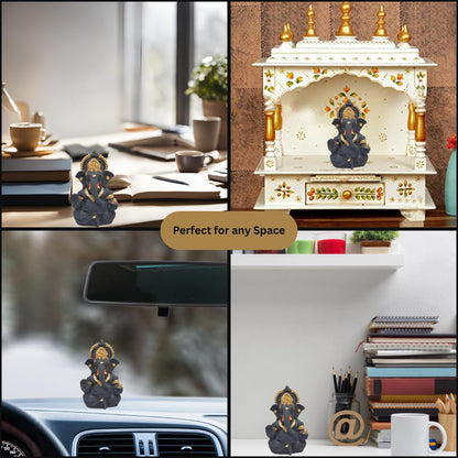 Gold Art India Dark Grey Ganesha Idol Ganesh for Car Dashboard Statue Ganpati Vinayaka Vinayagar Figurine Diwali Gifts Home Decor Luck, Success