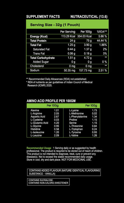 Supplement facts and amino acid profile on a black background
