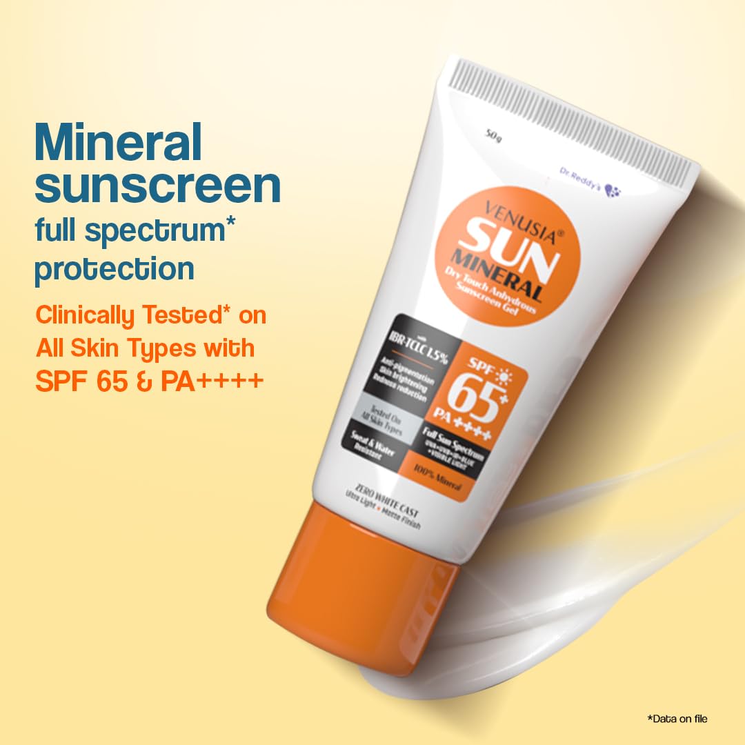 Dr. Reddy's Venusia Mineral Sunscreen SPF 65 | Full Spectrum Protection - UVA, UVB, Blue Light, Visible Light | Dermatologist Recommended | For Anti-pigmentation | Sun Damage Repair | Suitable for All Skin Types | 50g