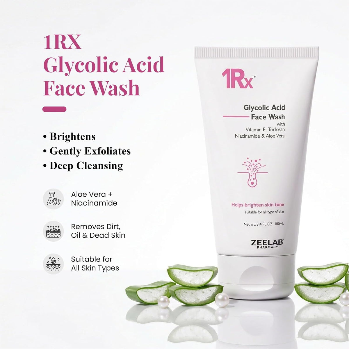 1RX Glycolic Acid Face Wash tube with aloe vera slices on a white background
