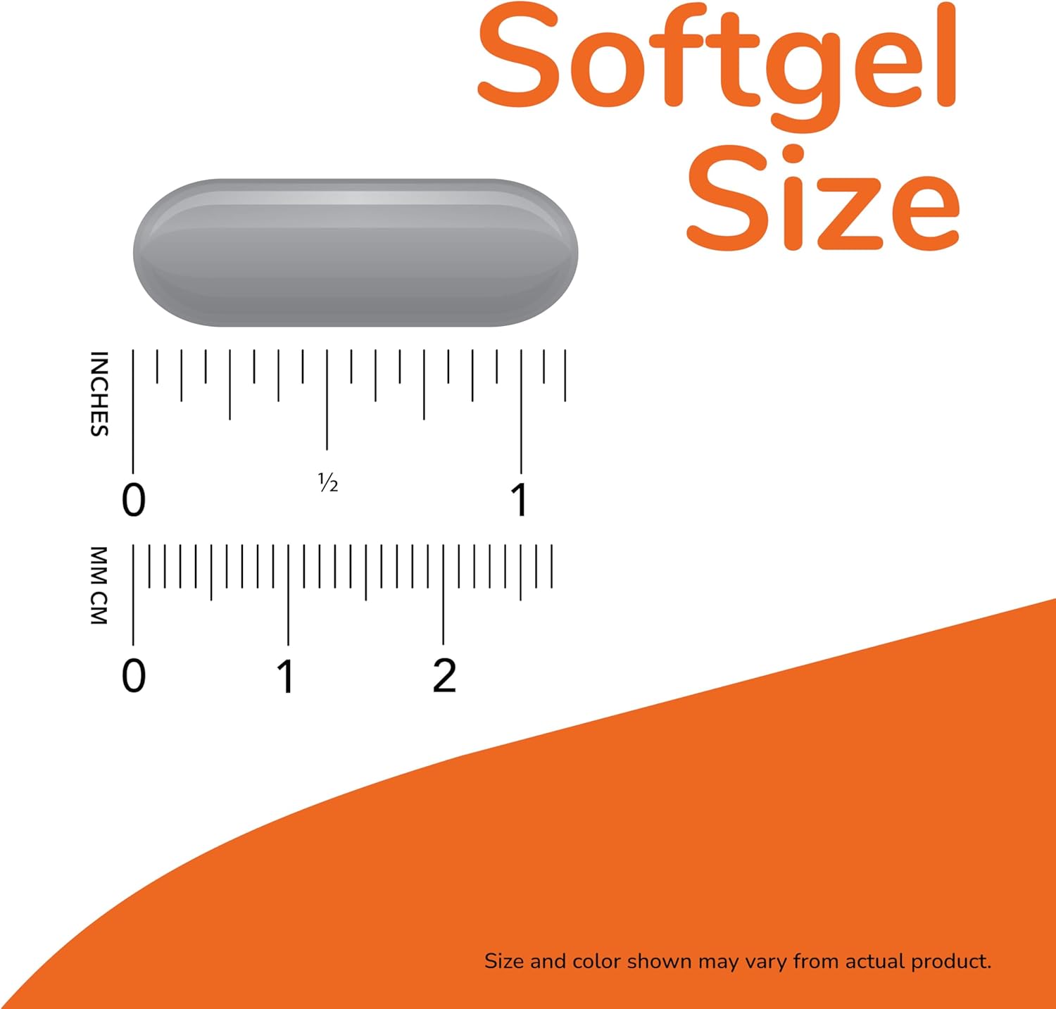 Measurement chart for softgel size with a gray oval and ruler on an orange and white background.