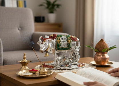 KridayKraft Kamdhenu Cow,Calf with Bal Gopal Krishna Metal Statue for Good Luck,Feng Shui As Table Top Figurine,Vastu,Religious Gau MATA Idol Home,Office&Table Decorative,Animal